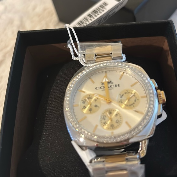 Coach NWT Women's Boyfriend Silver Gold tone Crystal Watch - Picture 1 of 7